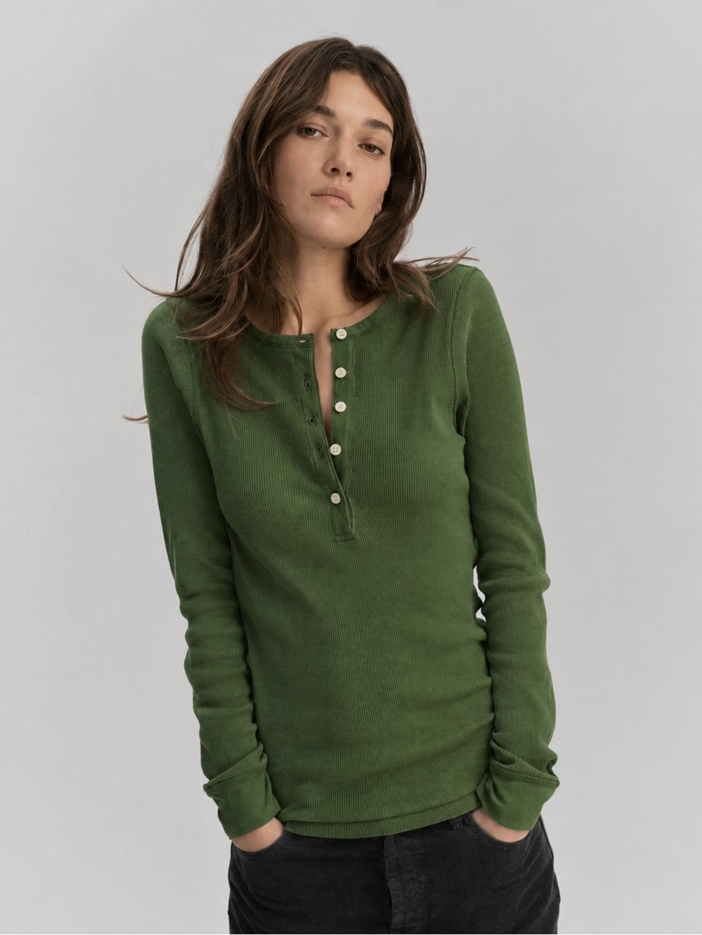 The Great Baby Rib Henley Top Tee Long Sleeve Size Medium Green